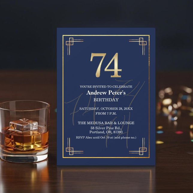 Invitación Fiesta de cumpleaños número 74 Elegante Azul Dorad (Subido por el creador)