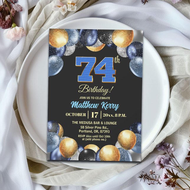 Invitación Fiesta de cumpleaños número 74 elegante azul plata (Subido por el creador)