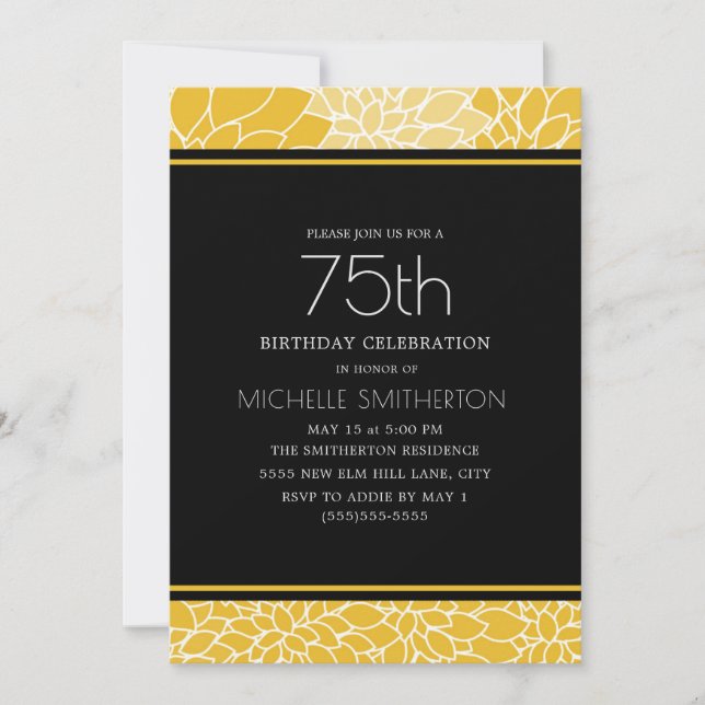 Invitación Fiesta de cumpleaños número 75 Amarillo Blanco Flo (Anverso)