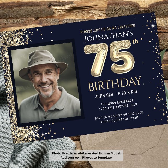 Invitación Fiesta de cumpleaños número 75 con brillo dorado y (Subido por el creador)