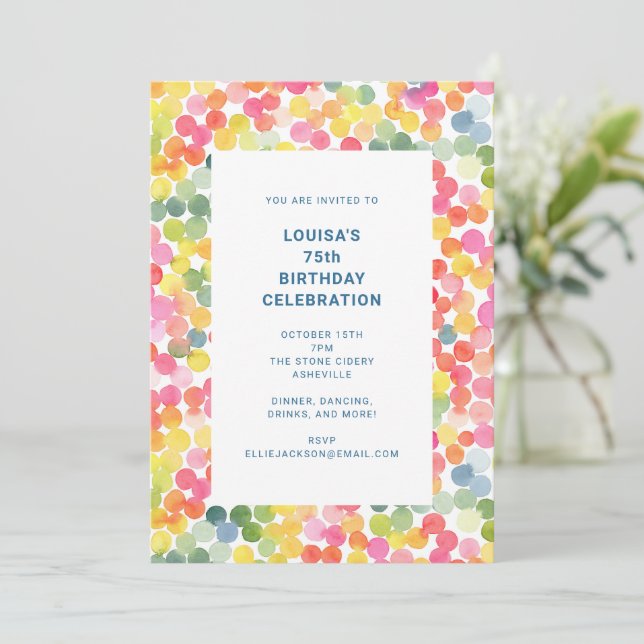 Invitación Fiesta de cumpleaños número 75 con confeti de acua (Anverso de pie)