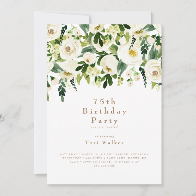 Invitación Fiesta de cumpleaños número 75 con flores blancas  (Anverso)
