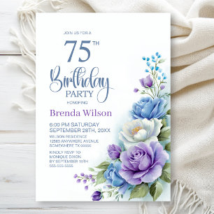 Invitación Fiesta de cumpleaños número 75 con flores moradas 