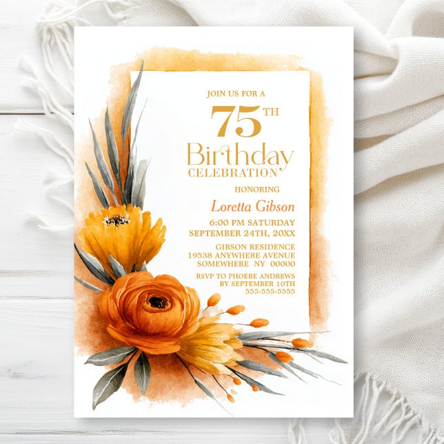 Invitación Fiesta de cumpleaños número 75 con flores naranjas (Subido por el creador)