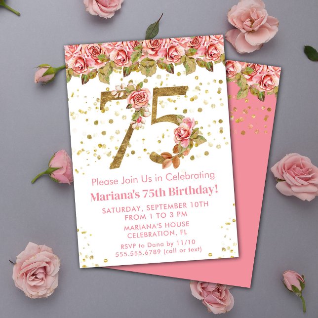 Invitación Fiesta de cumpleaños número 75 con flores rosadas  (Subido por el creador)
