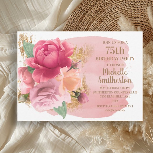 Invitación Fiesta de cumpleaños número 75 con flores rosadas  (Elegant pink roses and gold glitter 75th birthday party invitation)