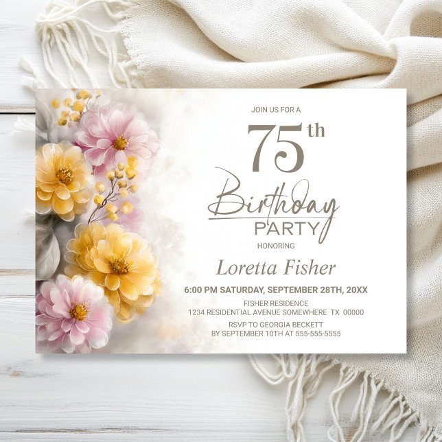 Invitación Fiesta de cumpleaños número 75 con flores rosas y  (Subido por el creador)