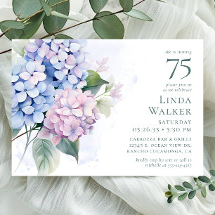 Invitación Fiesta de cumpleaños número 75 con Hortensias Azul