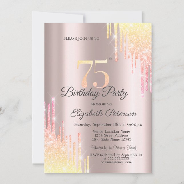 Invitación Fiesta de Cumpleaños número 75 con Ombre Glitter D (Anverso)