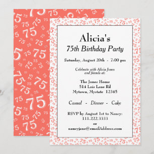Invitación Fiesta de cumpleaños número 75 Coral/Blanco Patrón