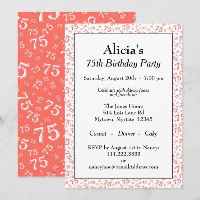 Invitación Fiesta de cumpleaños número 75 Coral/Blanco Patrón (Anverso / Reverso)