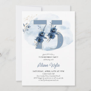 Invitación Fiesta de cumpleaños número 75 Costero Azul Floral