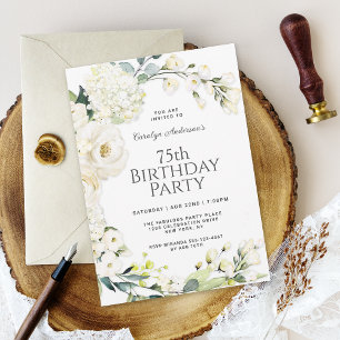 Invitación Fiesta de cumpleaños número 75 Cottage White Flora