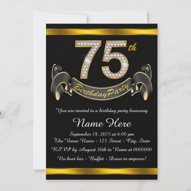 Invitación Fiesta de cumpleaños número 75 de negro y dorado (Anverso)