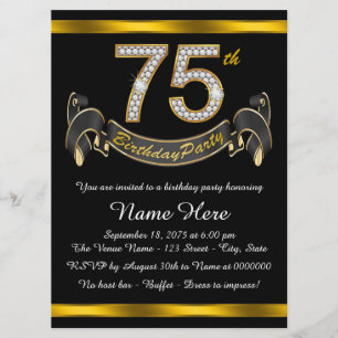 Invitación Fiesta de cumpleaños número 75 de negro y dorado
