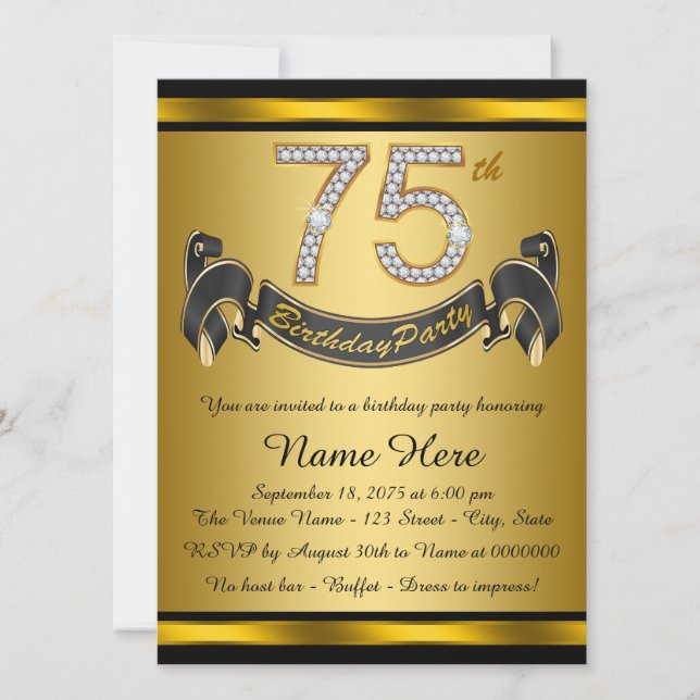 Invitación Fiesta de cumpleaños número 75 de negro y dorado (Anverso)