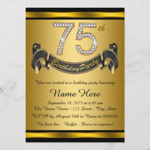 Invitación Fiesta de cumpleaños número 75 de negro y dorado