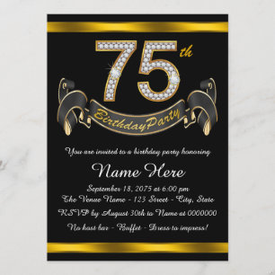 Invitación Fiesta de cumpleaños número 75 de negro y dorado