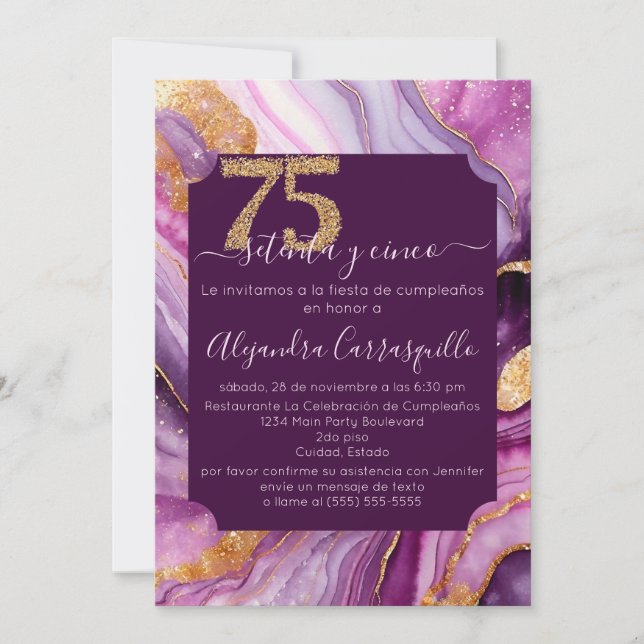 Invitación Fiesta de Cumpleaños número 75 de Preciosa Ágata R (Anverso)