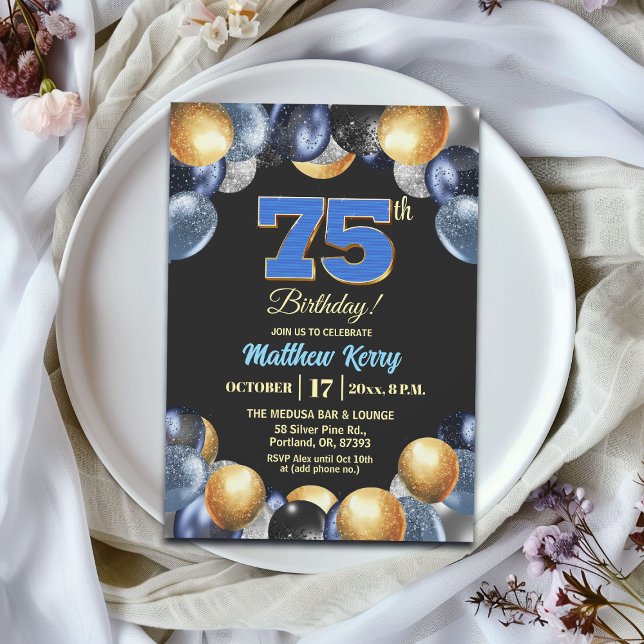Invitación Fiesta de cumpleaños número 75 elegante azul plata (Subido por el creador)