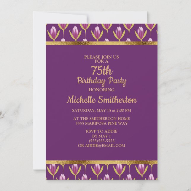 Invitación Fiesta de cumpleaños número 75 elegante con flores (Anverso)