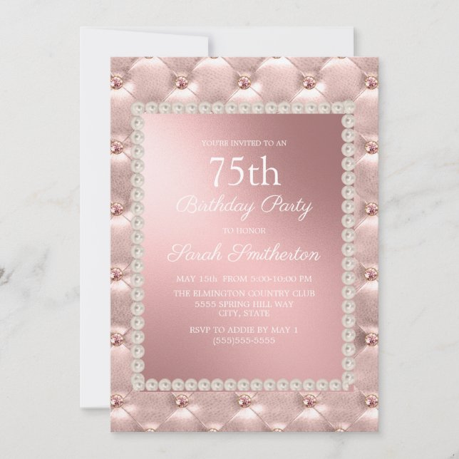 Invitación Fiesta de cumpleaños número 75 en rosa dorado y bl (Anverso)
