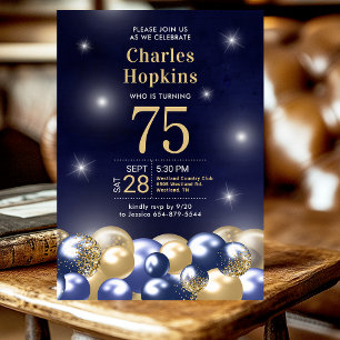 Invitación Fiesta de cumpleaños número 75 globos azules y dor