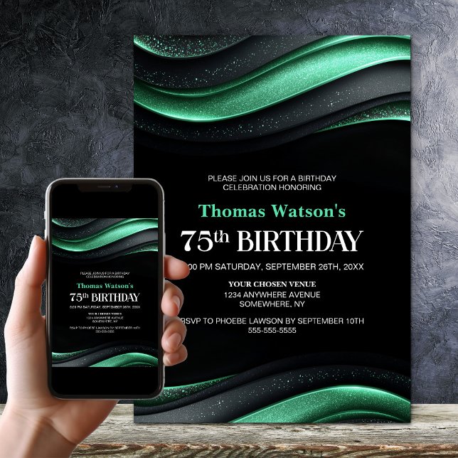 Invitación Fiesta de cumpleaños número 75 moderna en negro y  (Subido por el creador)