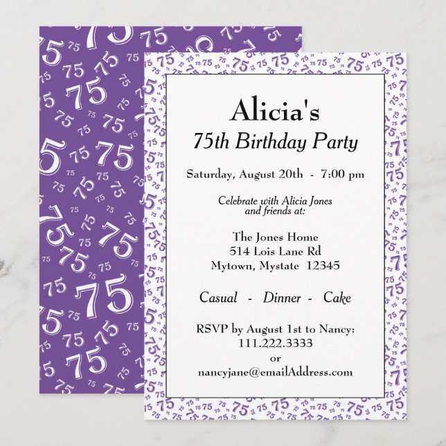 Invitación Fiesta de Cumpleaños número 75 Patrón de Número Mo (Anverso / Reverso)