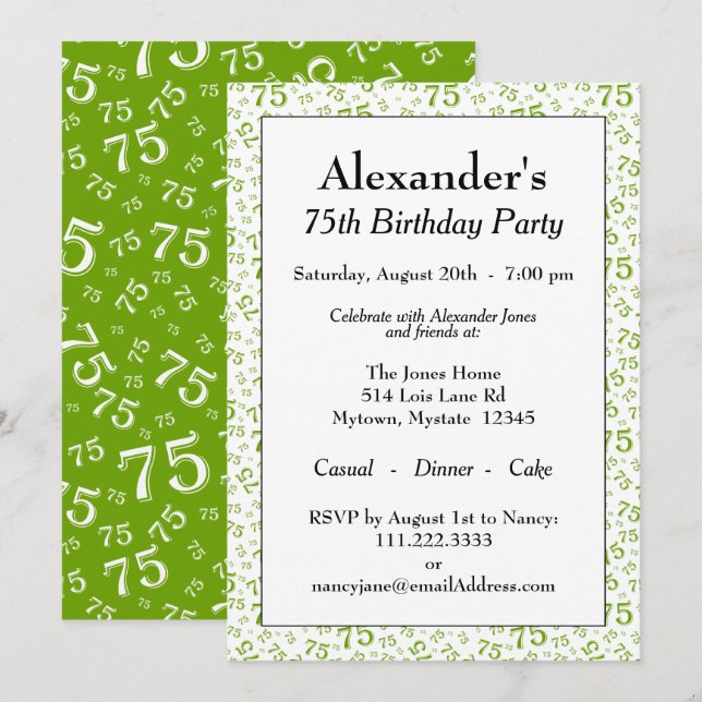 Invitación Fiesta de Cumpleaños número 75 Patrón de Número Ve (Anverso / Reverso)