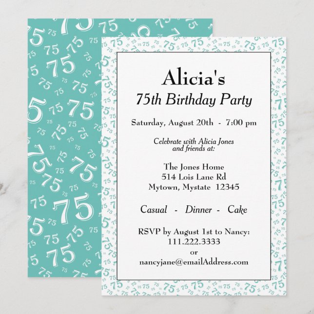 Invitación Fiesta de cumpleaños número 75 patrón de números b (Anverso / Reverso)