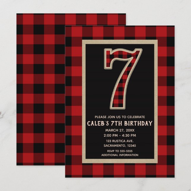 Invitación Fiesta de Cumpleaños número 7 con Cuadro Escocés B (Anverso / Reverso)