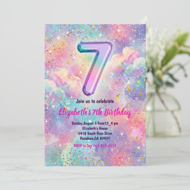 Invitación Fiesta de cumpleaños número 7 con destellos de arc (Anverso de pie)