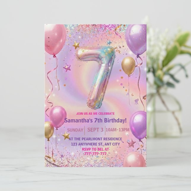 Invitación Fiesta de cumpleaños número 7 con destellos de arc (Anverso de pie)