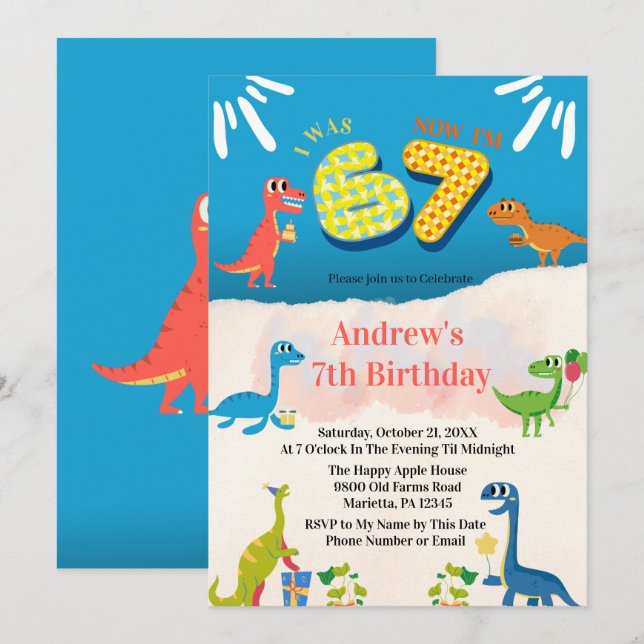 Invitación Fiesta de cumpleaños número 7 de Dinosaurio Tenía  (Anverso / Reverso)