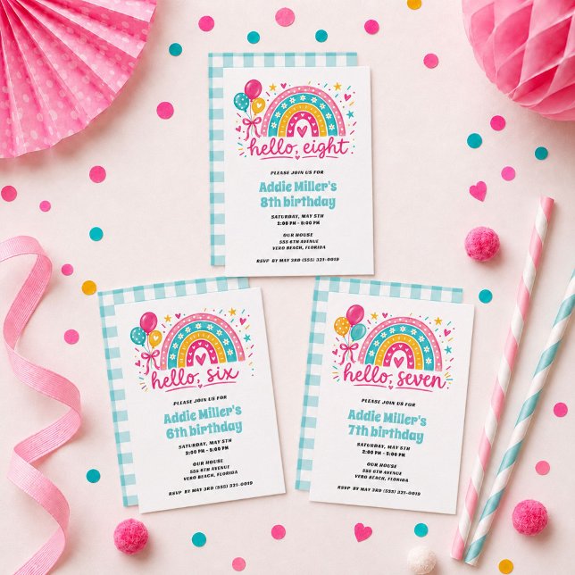 Invitación Fiesta de cumpleaños número 7 de Hello Seven Girl' (Hello Seven Girl's Rainbow 7th Birthday Party Invitation)