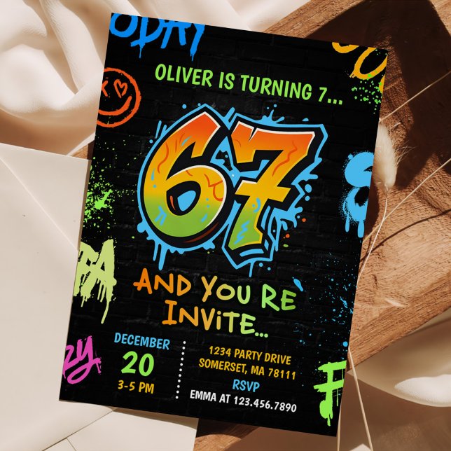 Invitación Fiesta de cumpleaños número 7 de Neon Graffiti Six (Subido por el creador)