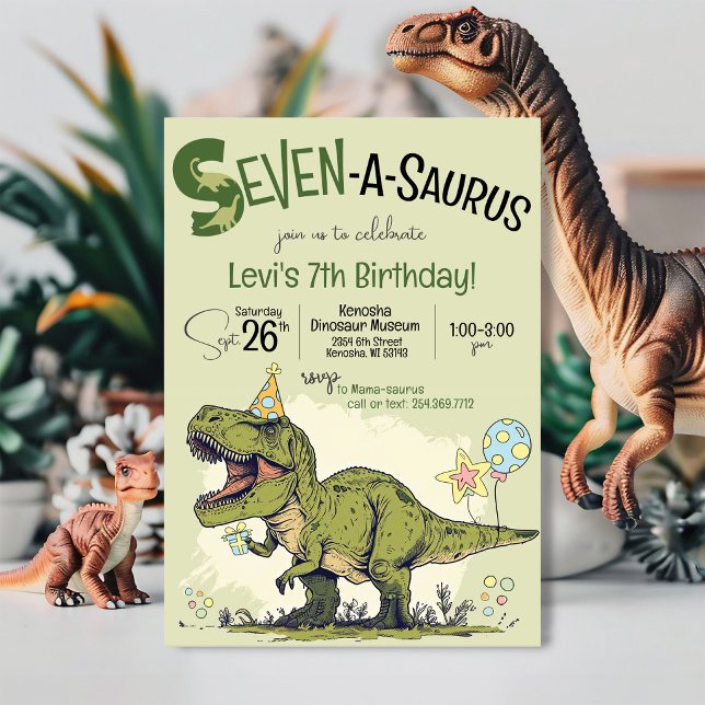 Invitación Fiesta de Cumpleaños número 7 del Dinosaurio T-Rex (Cute Cartoon T-Rex funny Dinosaur Seven-A-Saurus boy seventh kids 7th birthday party invitation)