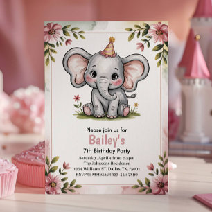 Invitación Fiesta de Cumpleaños número 7 Elefante Rosa Lindo 