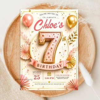 Invitación Fiesta de cumpleaños número 7 en rosa elegante y d