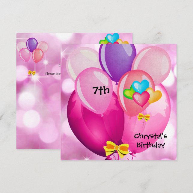 Invitación Fiesta de cumpleaños número 7 globos rosa amarillo (Anverso / Reverso)