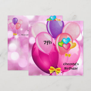 Invitación Fiesta de cumpleaños número 7 globos rosa amarillo