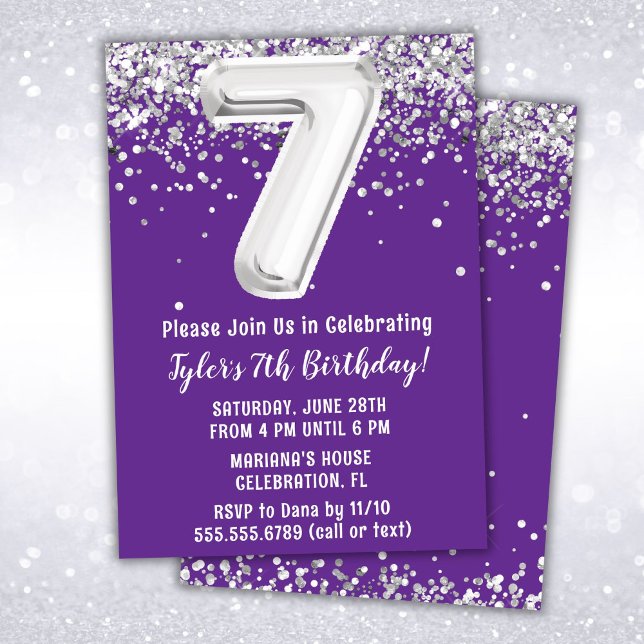 Invitación Fiesta de cumpleaños número 7 Purple Silver (Subido por el creador)