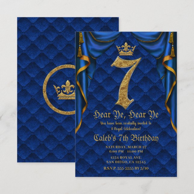 Invitación Fiesta de cumpleaños número 7 Royal Blue Gold Crow (Anverso / Reverso)