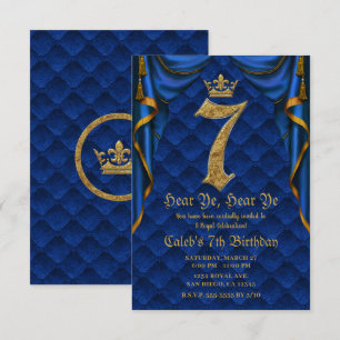 Invitación Fiesta de cumpleaños número 7 Royal Blue Gold Crow