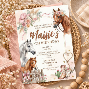 Invitación Fiesta de cumpleaños número 7 vaquera de montar a