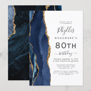 Invitación Fiesta de cumpleaños número 80 Ágata dorada azul m