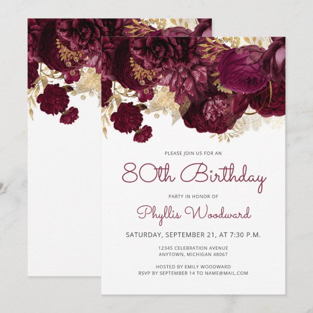 Invitación Fiesta de cumpleaños número 80 Burgundy Gold Flora (Anverso / Reverso)