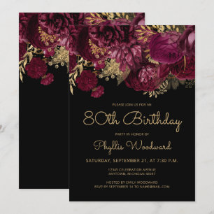 Invitación Fiesta de cumpleaños número 80 Burgundy Gold Flora