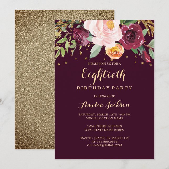 Invitación Fiesta de cumpleaños número 80 con brillo floral d (Anverso / Reverso)